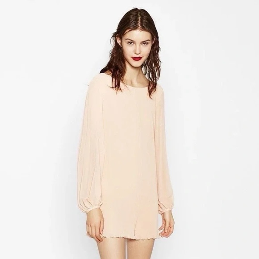 Zara Peach Blush Pleated Long Sleeve Romper Jumpsuit XS